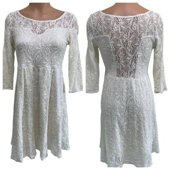 Free People Shake it Up Crochet Lace Illusion Neck Dress Small Bohemian Ivory - Picture 2 of 9